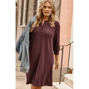 J. Jill Smocked Henley Dress Casual Artsy Minimalist Burgundy Spiced Wine 3X NWT